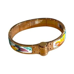 Hermes Equateur Cassatta Tropical Birds Enamel Hinge Rose Gold Bangle Bracelet